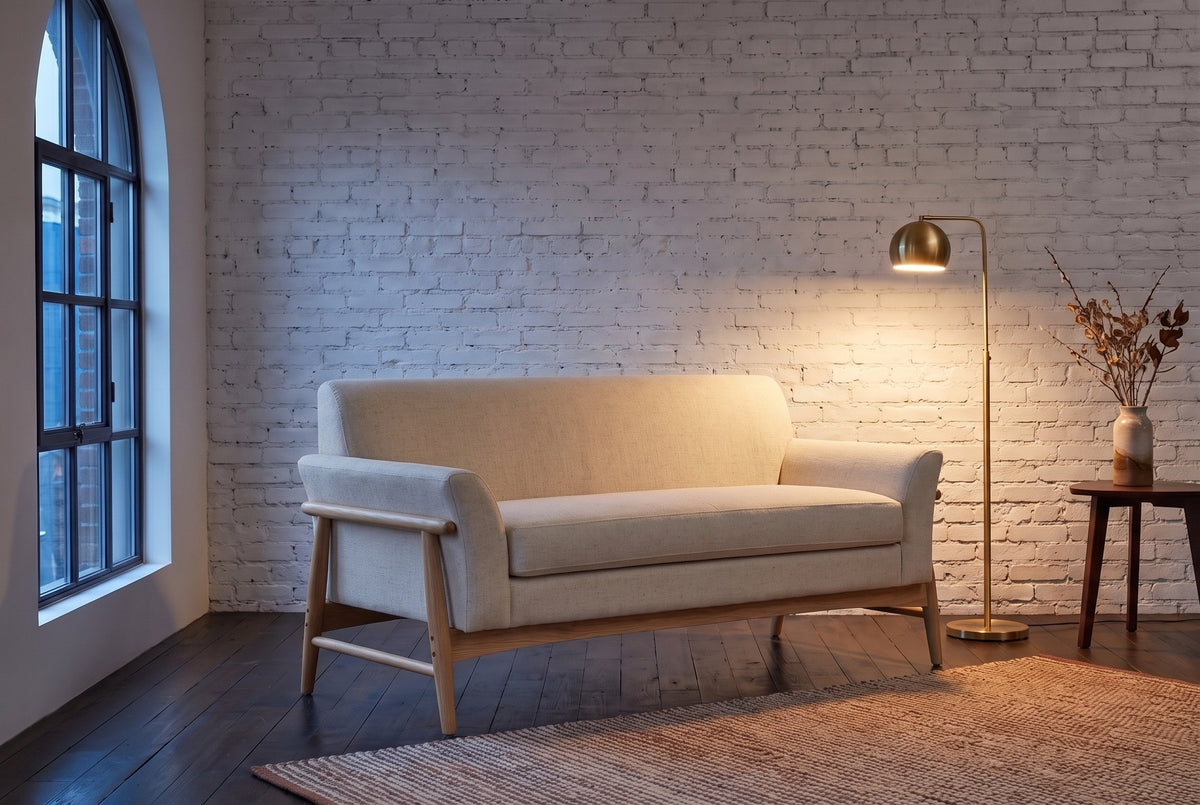 Jesi loveseat in beige woven fabric on a natural-finish frame against a whitewashed brick wall in a Montreal loft at dusk, a brass floor lamp lit beside it
