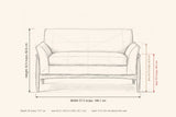 Jesi loveseat dimensions: 57.5 in wide, 32.5 in high, 29 in deep, seat height 19.5 in, arm height 24.75 in