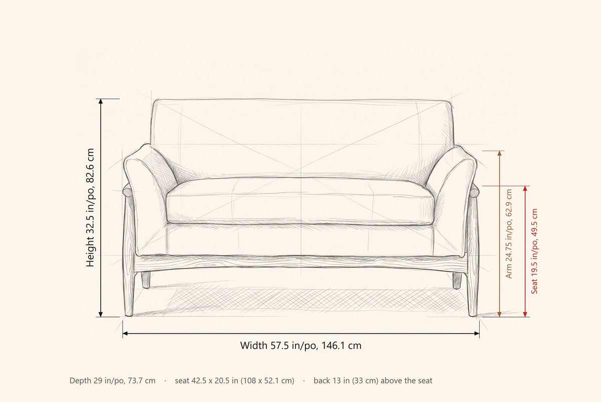 Jesi loveseat dimensions: 57.5 in wide, 32.5 in high, 29 in deep, seat height 19.5 in, arm height 24.75 in
