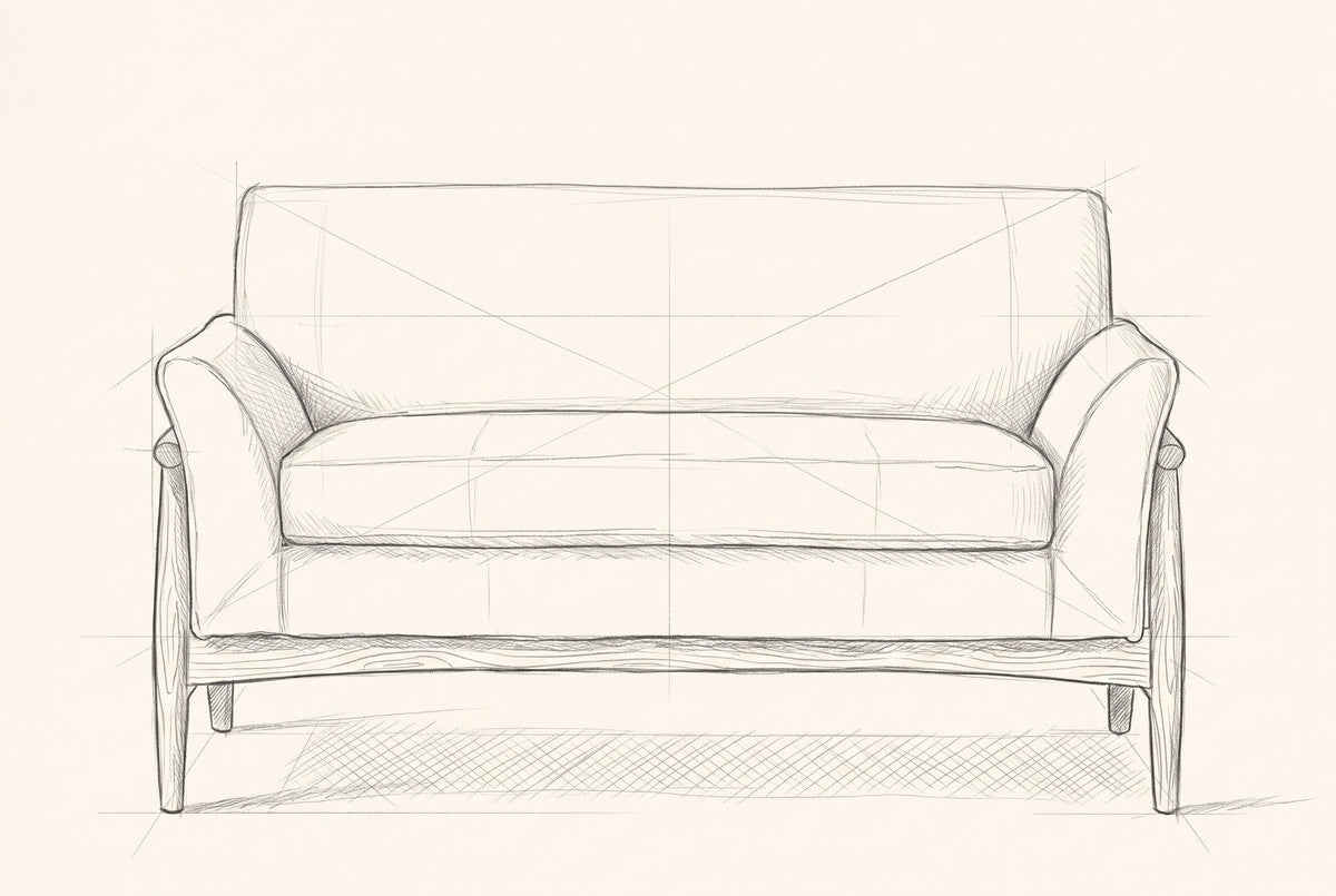 Pencil drawing of the Jesi loveseat traced from the front view