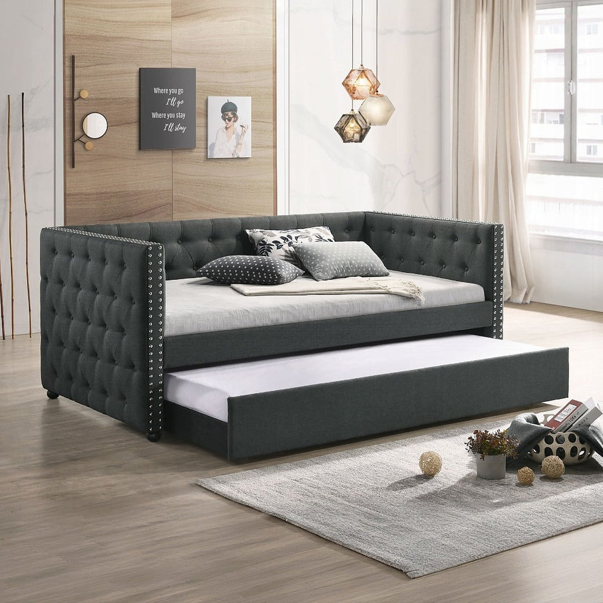 Joy Tufted Daybed w/Trundle - Grey