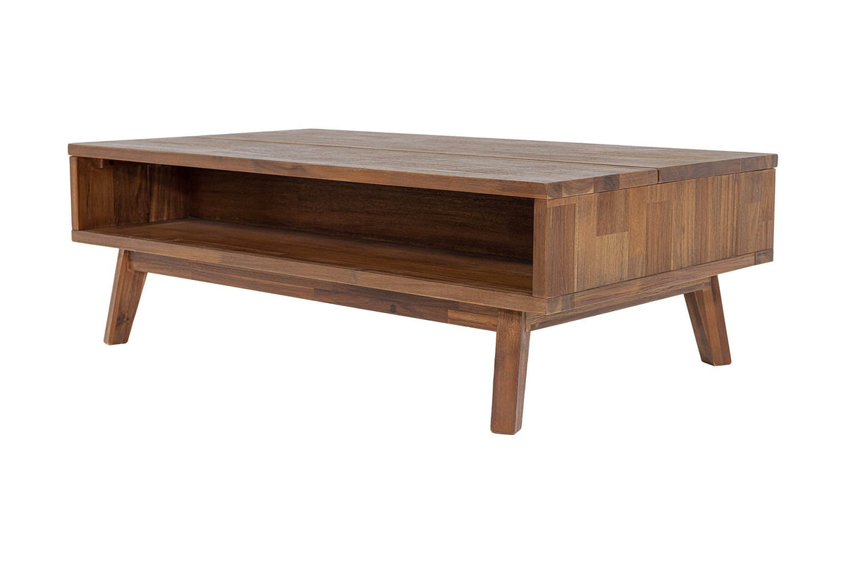 Keaton lift-top coffee table in Warm Pecan acacia, closed, three-quarter view