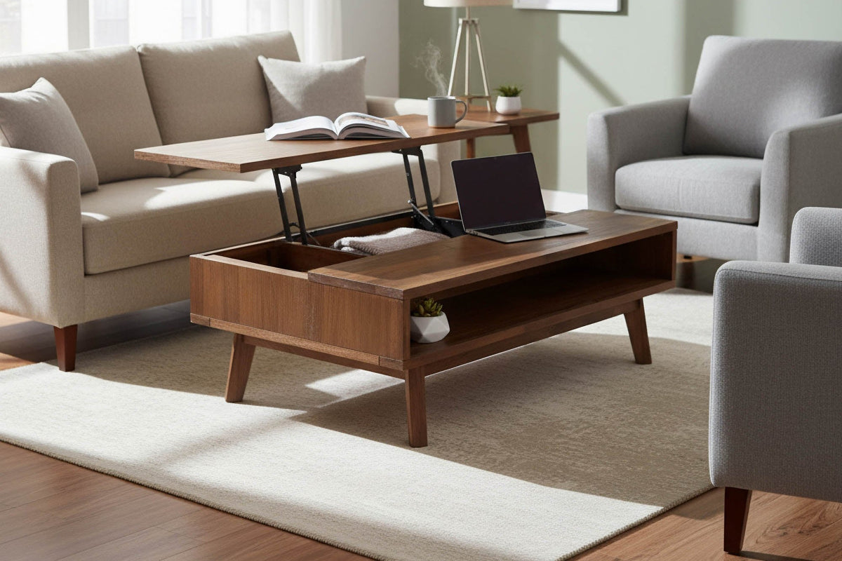 Keaton lift-top coffee table raised with a laptop and book in a living room