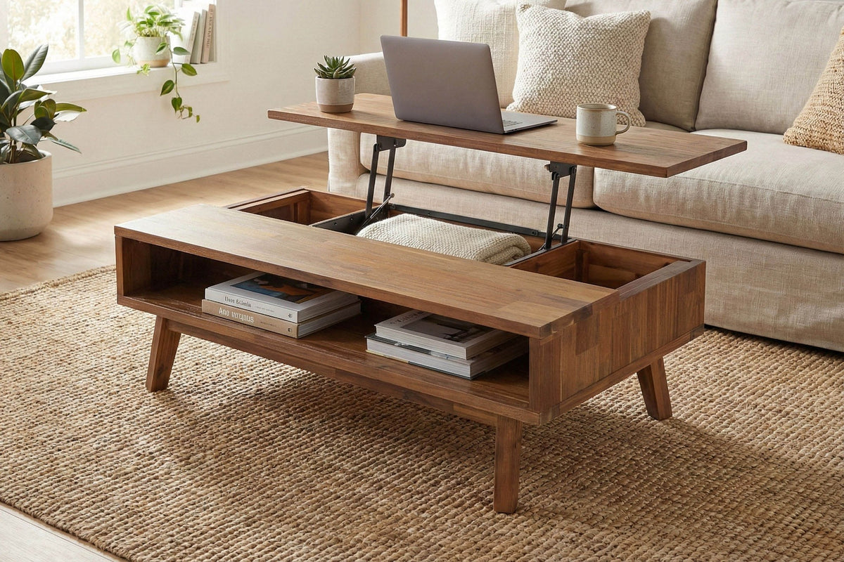 Keaton coffee table with the top raised in front of a cream sofa on a jute rug