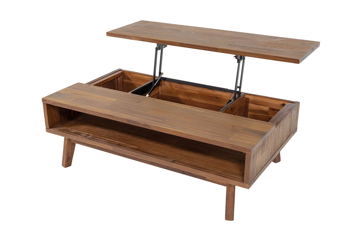 Keaton coffee table raised, showing the hidden storage compartment