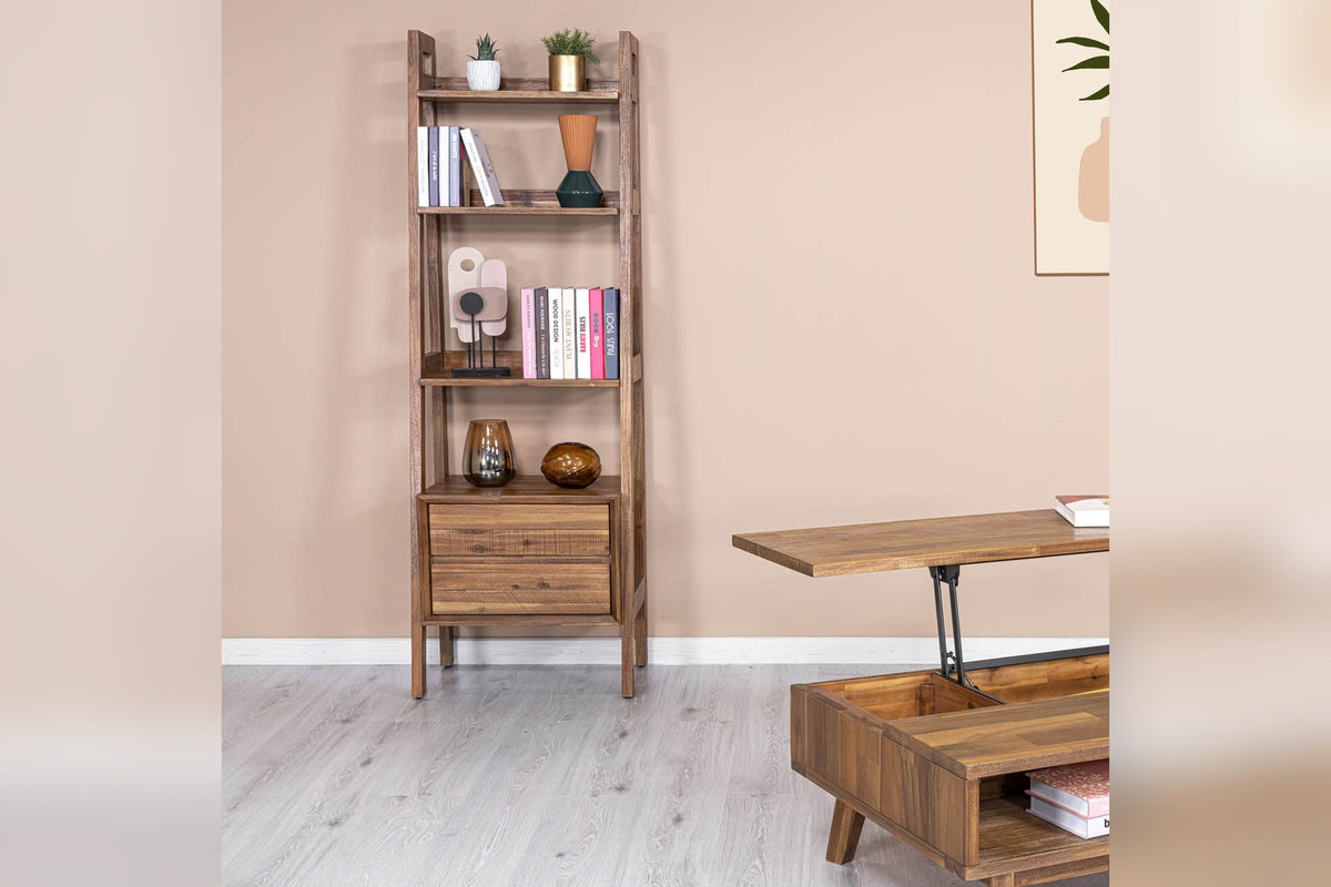 Keaton bookcase and lift-top coffee table in a blush-toned living room