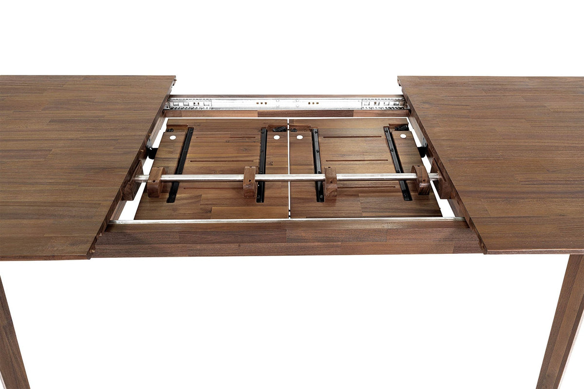 Keaton table pulled apart to show the metal runners and stored butterfly leaves