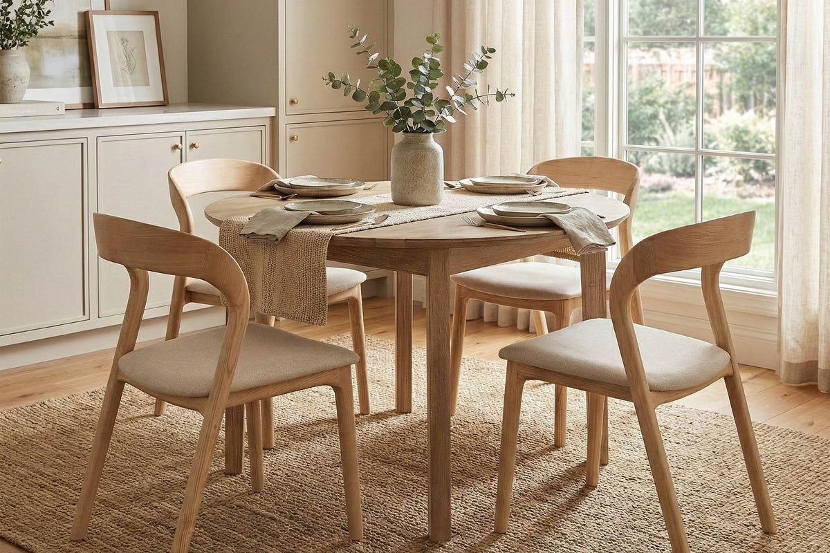 Keaton solid acacia round dining table with four wood chairs on a jute rug