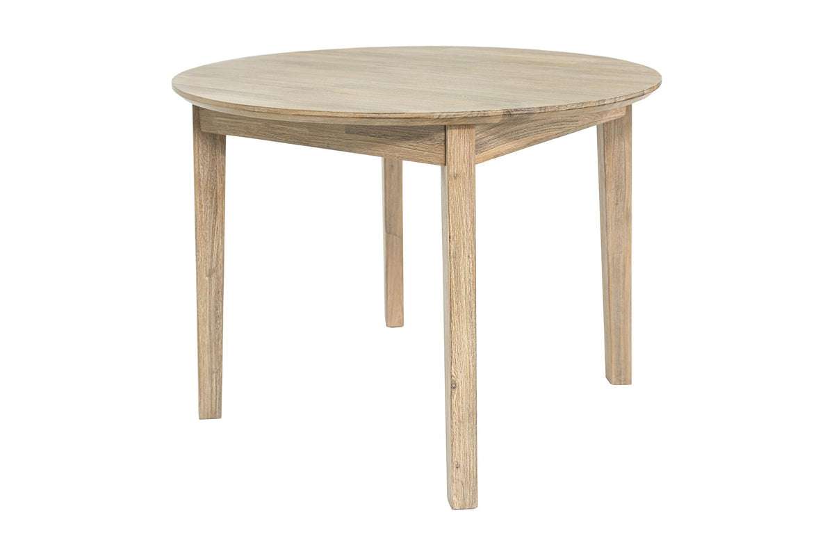 Keaton round dining table in Light Driftwood, low three-quarter view of the legs