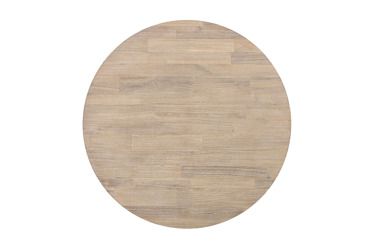 Keaton round dining table top view showing solid acacia staves in Light Driftwood