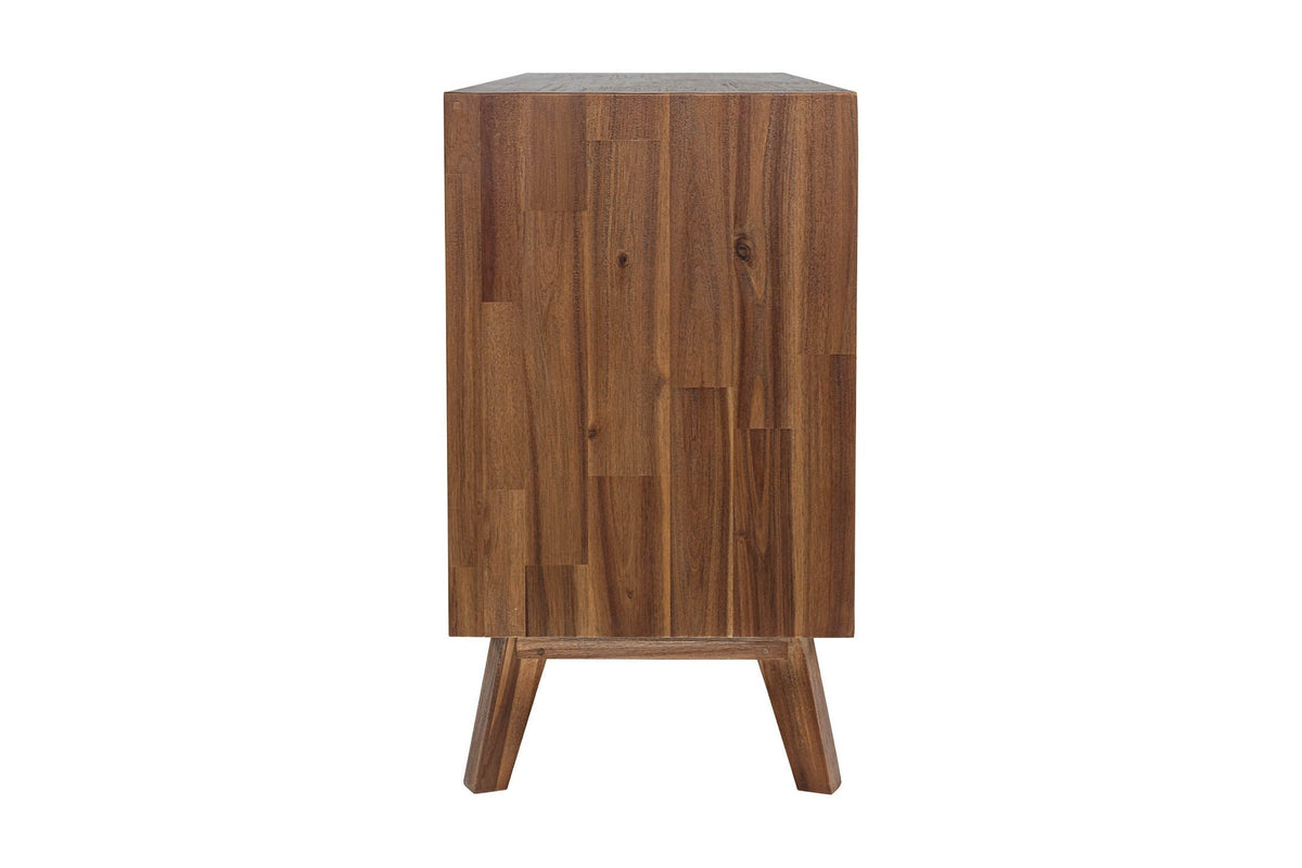Keaton Warm Pecan dresser, side view showing the angled legs