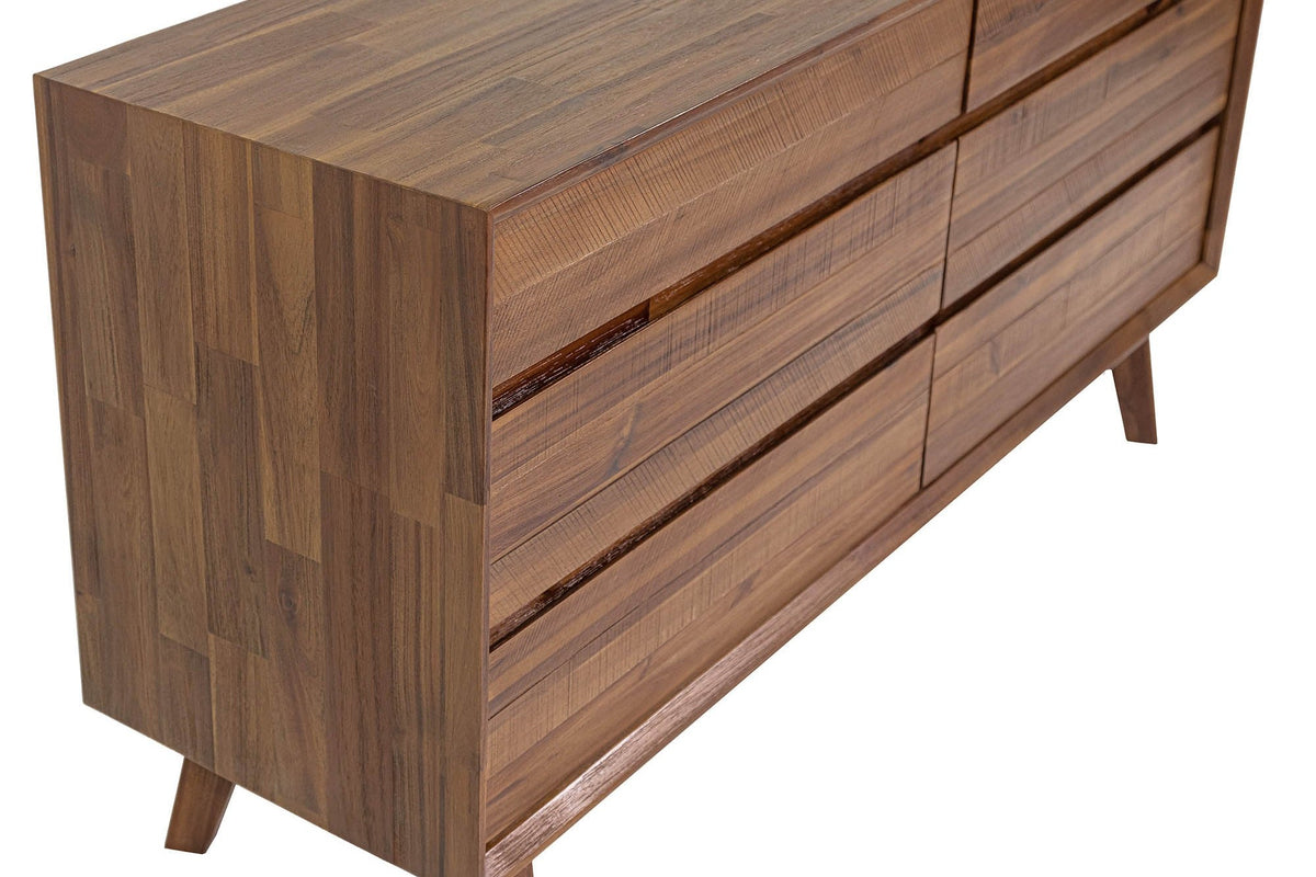 Close-up of the Keaton dresser's steel-brushed acacia top and drawer fronts