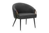Kenna barrel accent chair in vintage charcoal faux leather with aged gold arm rings, three-quarter view