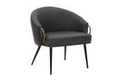 Kenna barrel accent chair in vintage charcoal faux leather with aged gold arm rings, three-quarter view