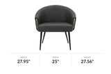 Kenna vintage charcoal accent chair, front view with dimensions