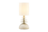 Kerensa sculptural table lamp with stacked-disc base and linen drum shade