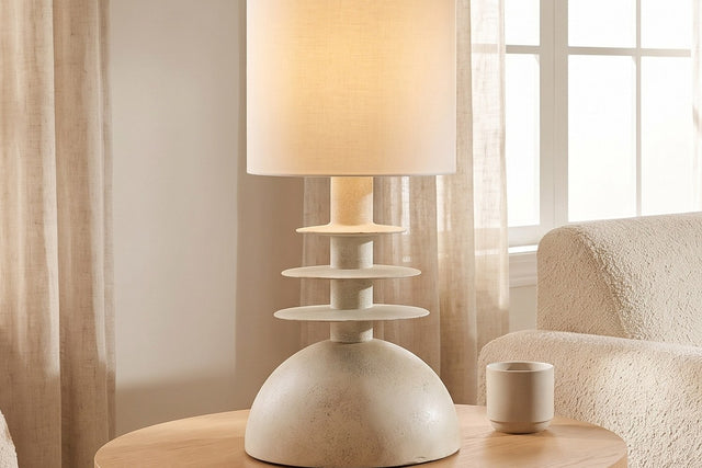 Kerensa Sculptural Pine and Linen Table Lamp - Stacked Disc Column