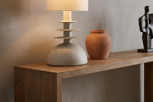 Kerensa Sculptural Pine and Linen Table Lamp - Aged Off-White Dome