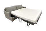 Kingsley sofa bed in Pepper Grey opened to show the queen mattress and tubular steel frame