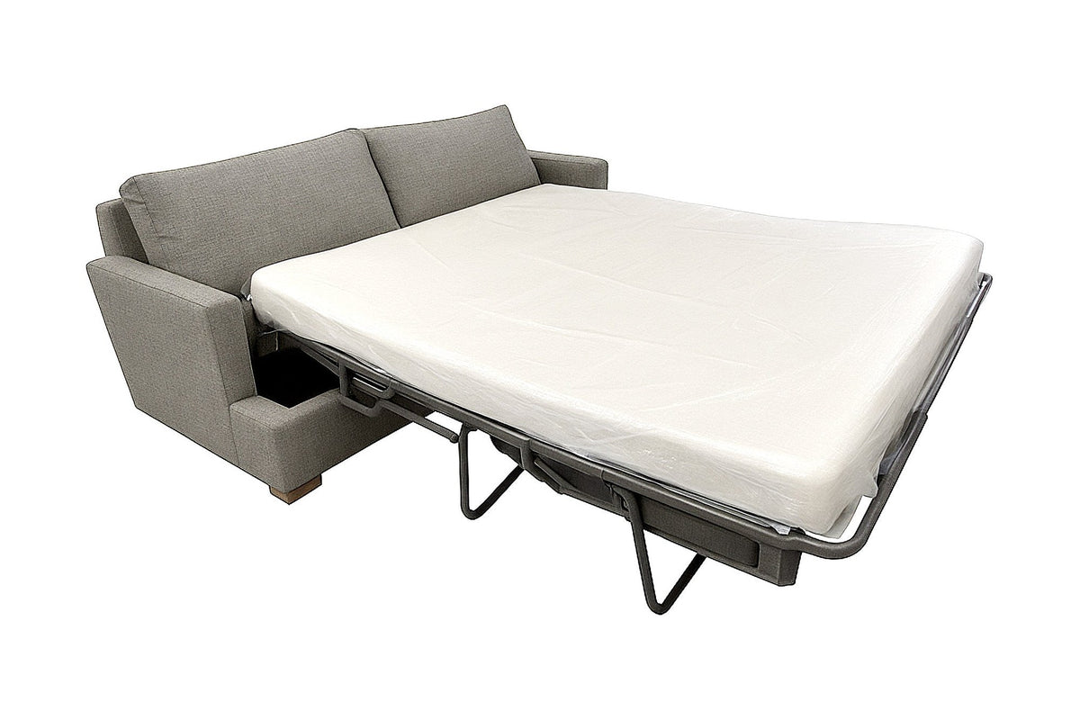 Kingsley sofa bed in Pepper Grey opened to show the queen mattress and tubular steel frame