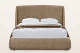 Labro platform bed in dark beige, straight front view: the tall headboard with its two wings and the rounded footboard