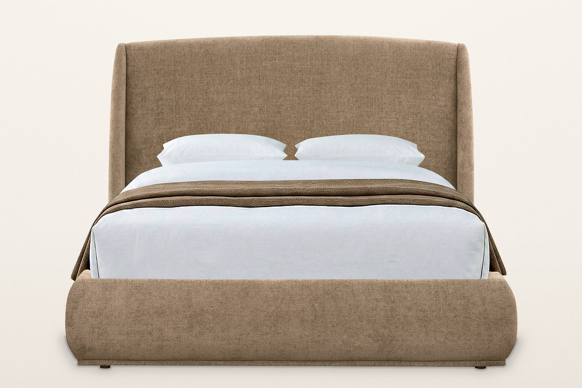 Labro platform bed in dark beige, straight front view: the tall headboard with its two wings and the rounded footboard