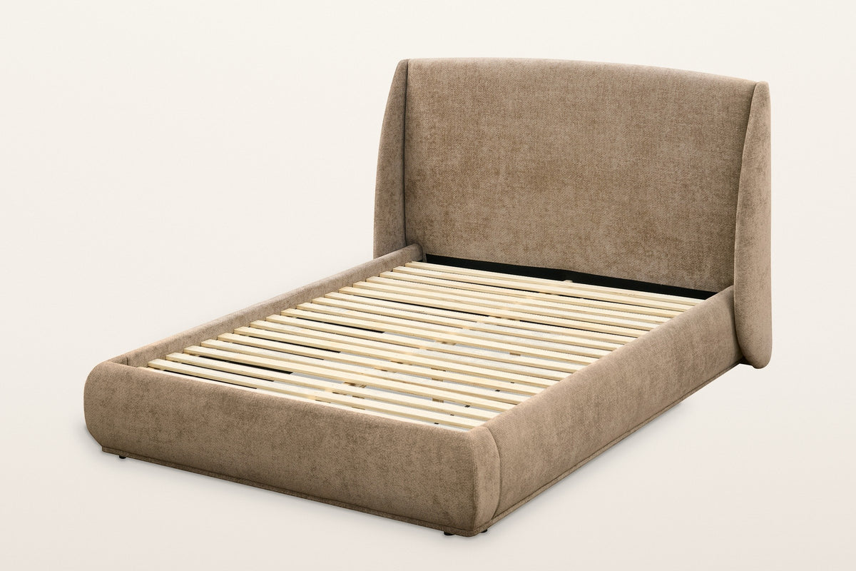 Labro wingback upholstered platform bed in dark beige, queen size