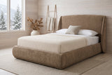 Labro platform bed in dark beige with an ivory waffle coverlet in a whitewashed cedar chalet bedroom in Whistler