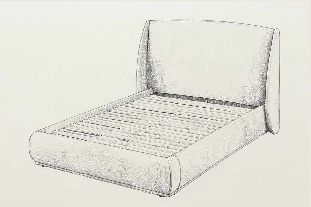 Pencil sketch of the Labro platform bed, three-quarter view from above