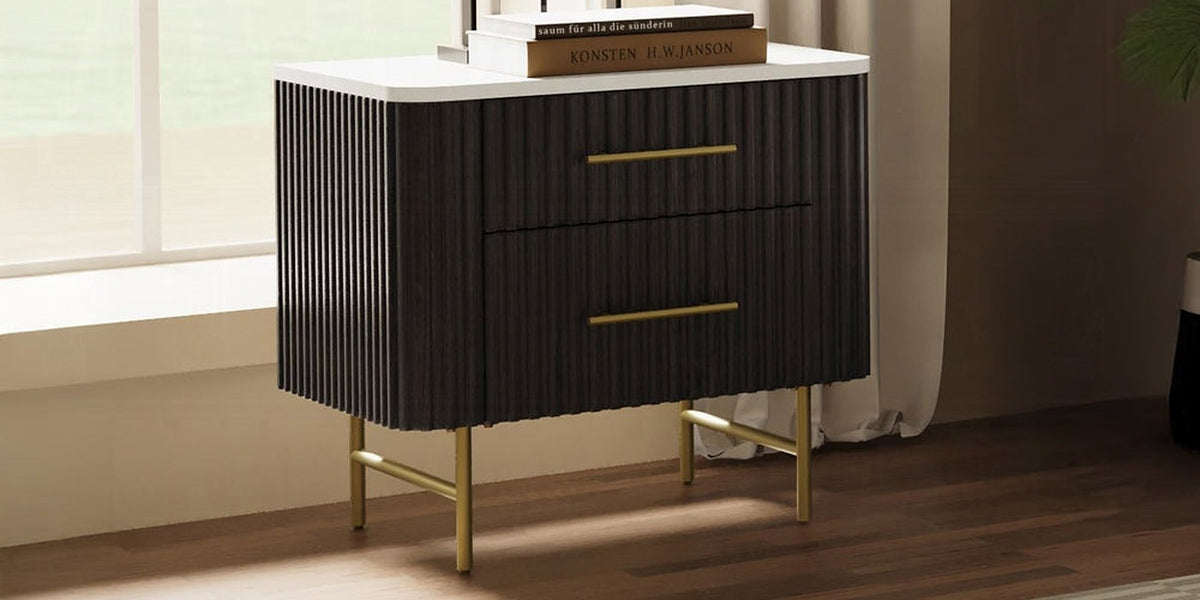Laffery Luxury Chanel Detail Faux Marble Top Nightstand - Espresso