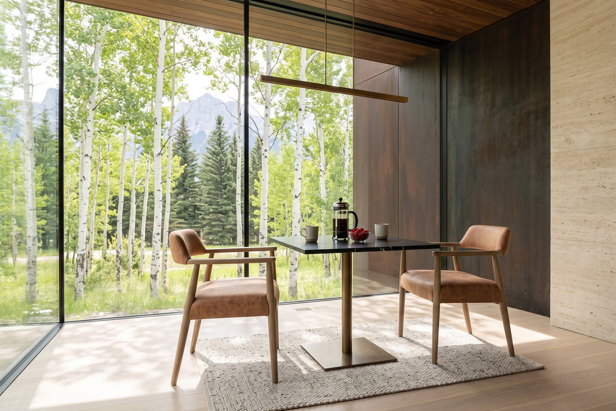 Two Laigueglia armchairs in Brown leather facing across a black marble pedestal table in a Bragg Creek house