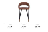 Lark counter stool in saddle faux leather, front view with dimensions