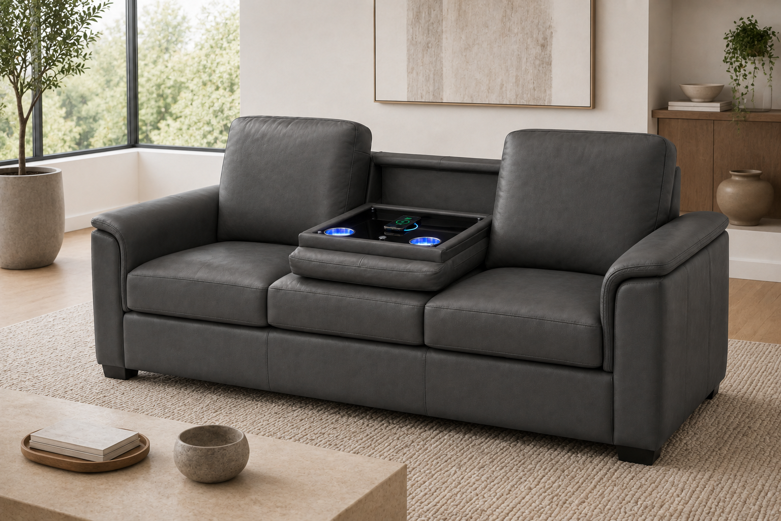 Valencia Laurent Leather Sofa With Console