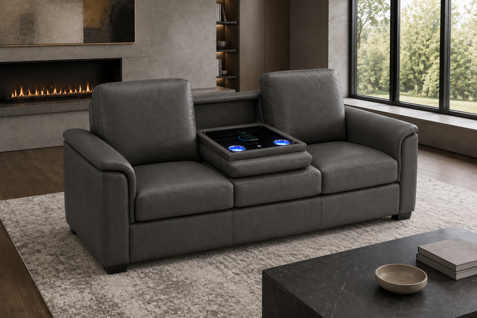 Valencia Laurent Leather Sofa With Console