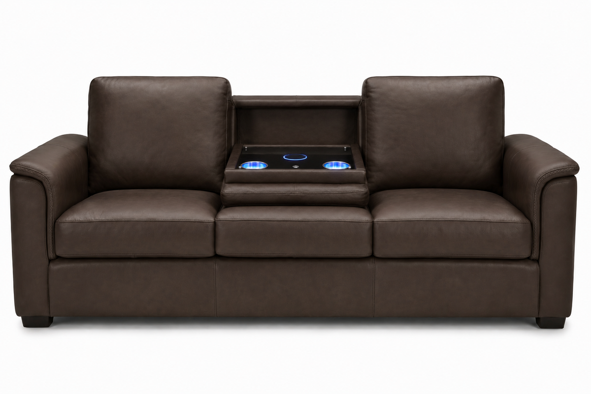 Valencia Laurent chocolate leather 3-seat sofa with drop-down console, wireless charging and LED cup holders