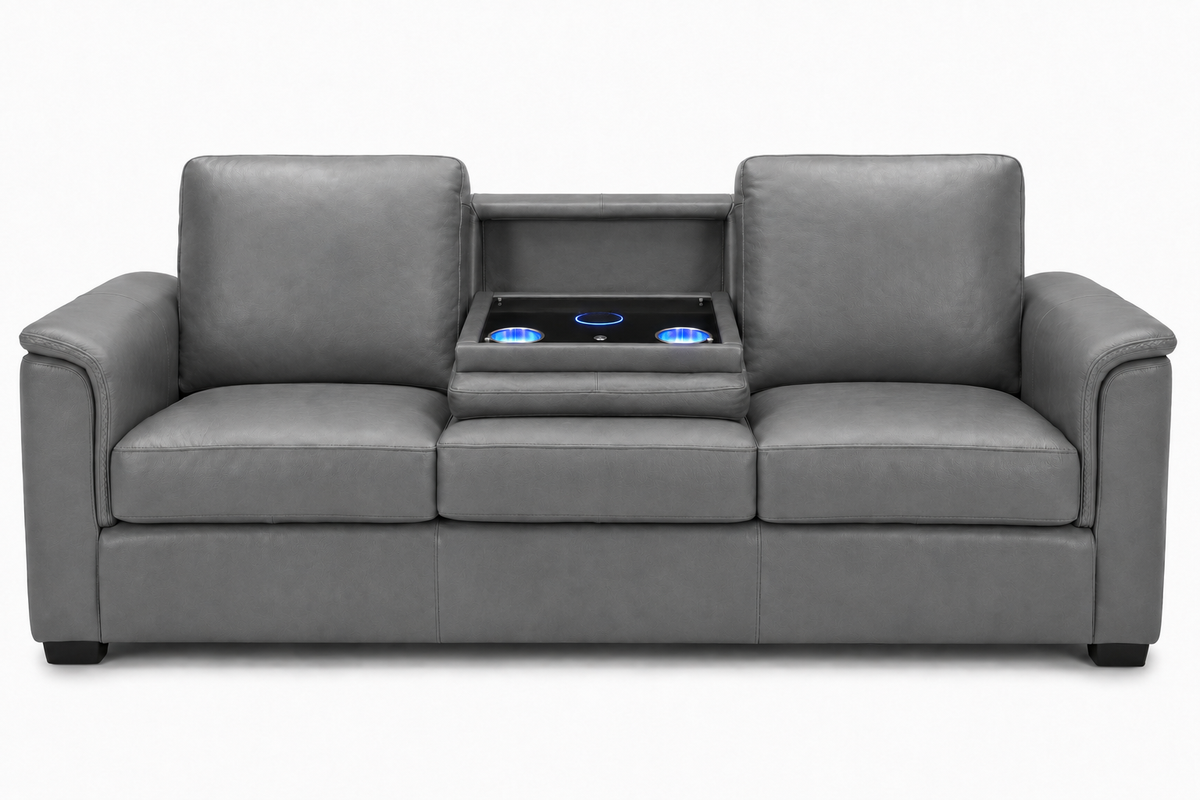 Valencia Laurent grey leather 3-seat sofa with drop-down console, wireless charging and LED cup holders