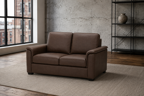 Valencia Laurent chocolate leather loveseat, side profile