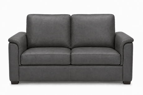 Valencia Laurent grey leather loveseat, three-quarter angle
