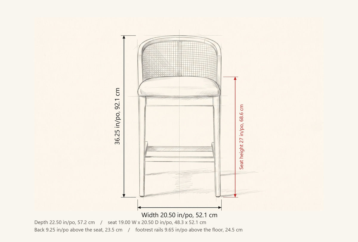 Lazise dimensions: 20.50 in wide, 36.25 in high, seat height 27 in, 22.50 in deep, seat 19 x 20.5 in