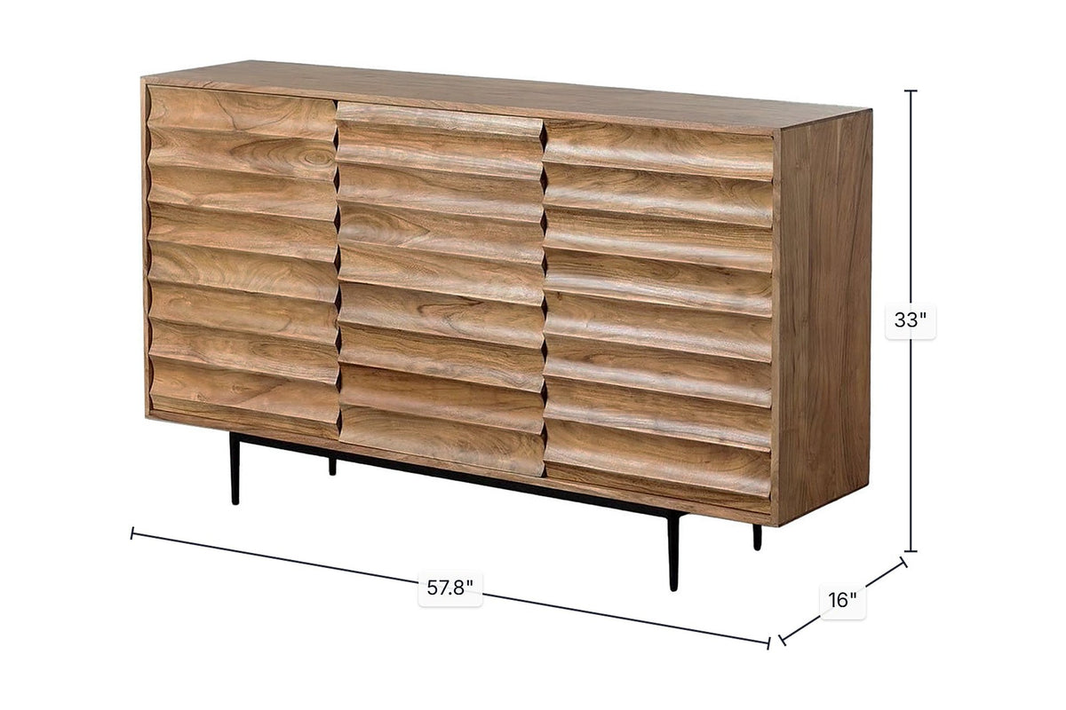 Leander acacia sideboard with width, depth and height dimensions marked in inches