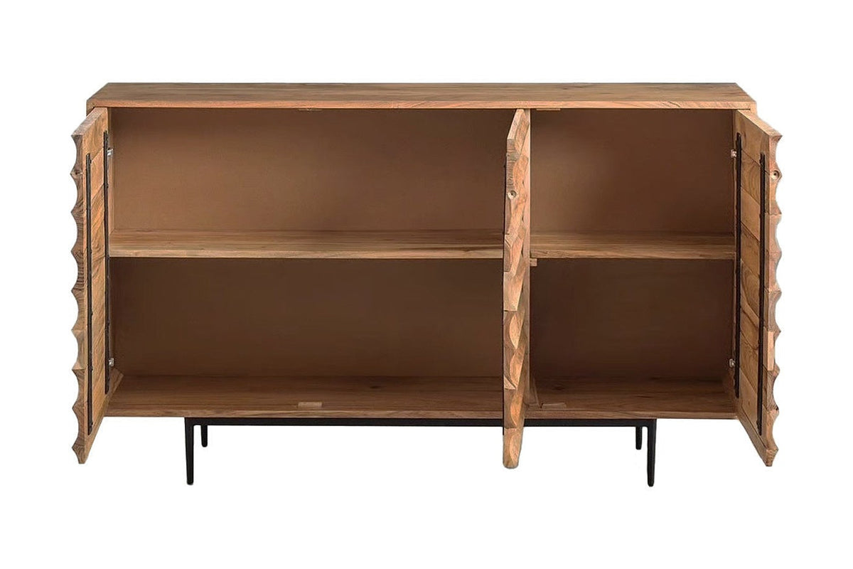 Leander acacia sideboard with all three doors open to two shelved compartments