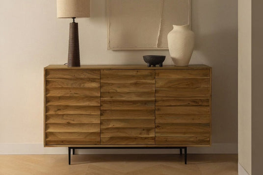 Leander Honey Acacia Sideboard with Iron Legs - Light and Shadow Across the Front