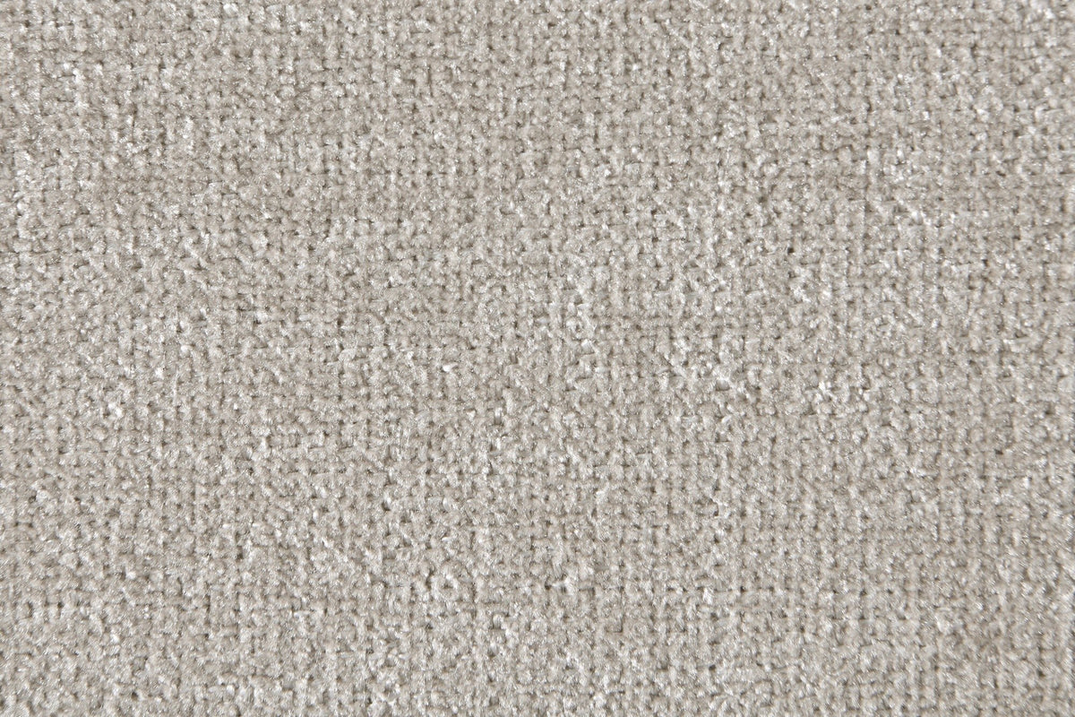 Close-up of the dark beige chenille upholstery: a fine woven texture in warm grey-beige with a soft sheen