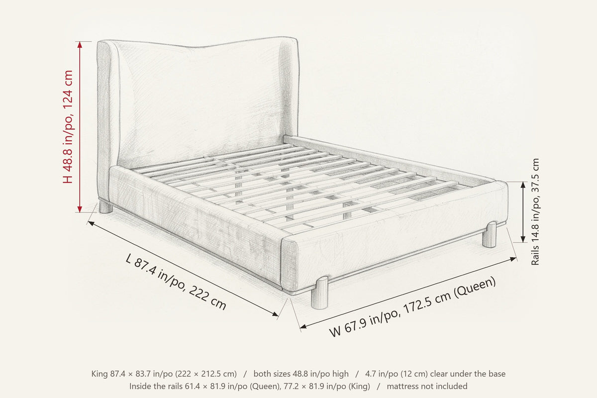 Lerma dimensions on a pencil sketch: Queen 87.4 in long, 67.9 in wide, 48.8 in high, rails 14.8 in; King 83.7 in wide