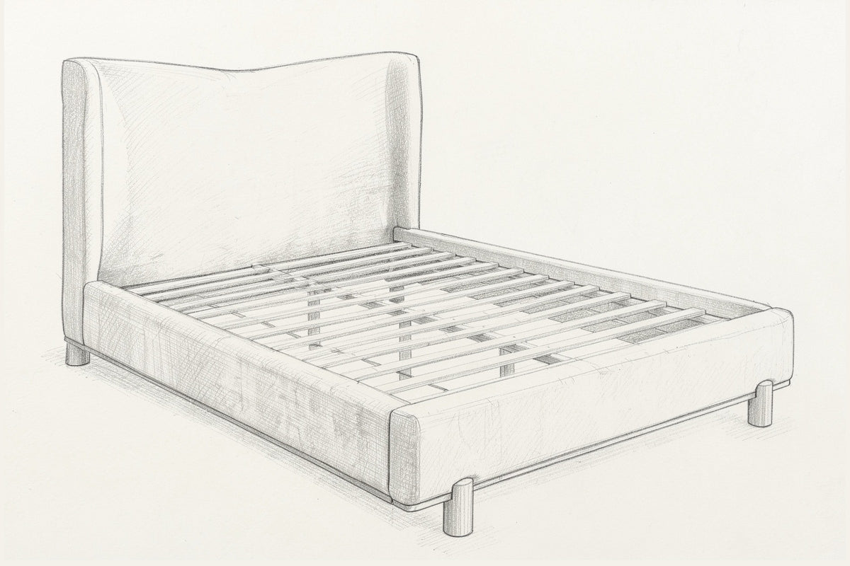 Pencil sketch of the Lerma platform bed, three-quarter view from above