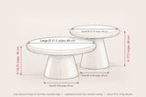 Levico nesting coffee tables dimensions: large 31.5 in across and 14.25 in high, small 23.75 in across and 17.5 in high
