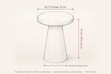 Levico side table dimensions: 21.75 in across, 24.5 in high, 2.4 in thick top, cone foot 13.75 in across