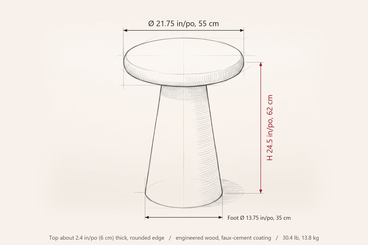 Levico side table dimensions: 21.75 in across, 24.5 in high, 2.4 in thick top, cone foot 13.75 in across