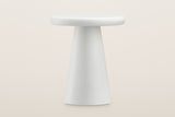 Levico side table at eye level: the round top over the tall straight-sided white cone