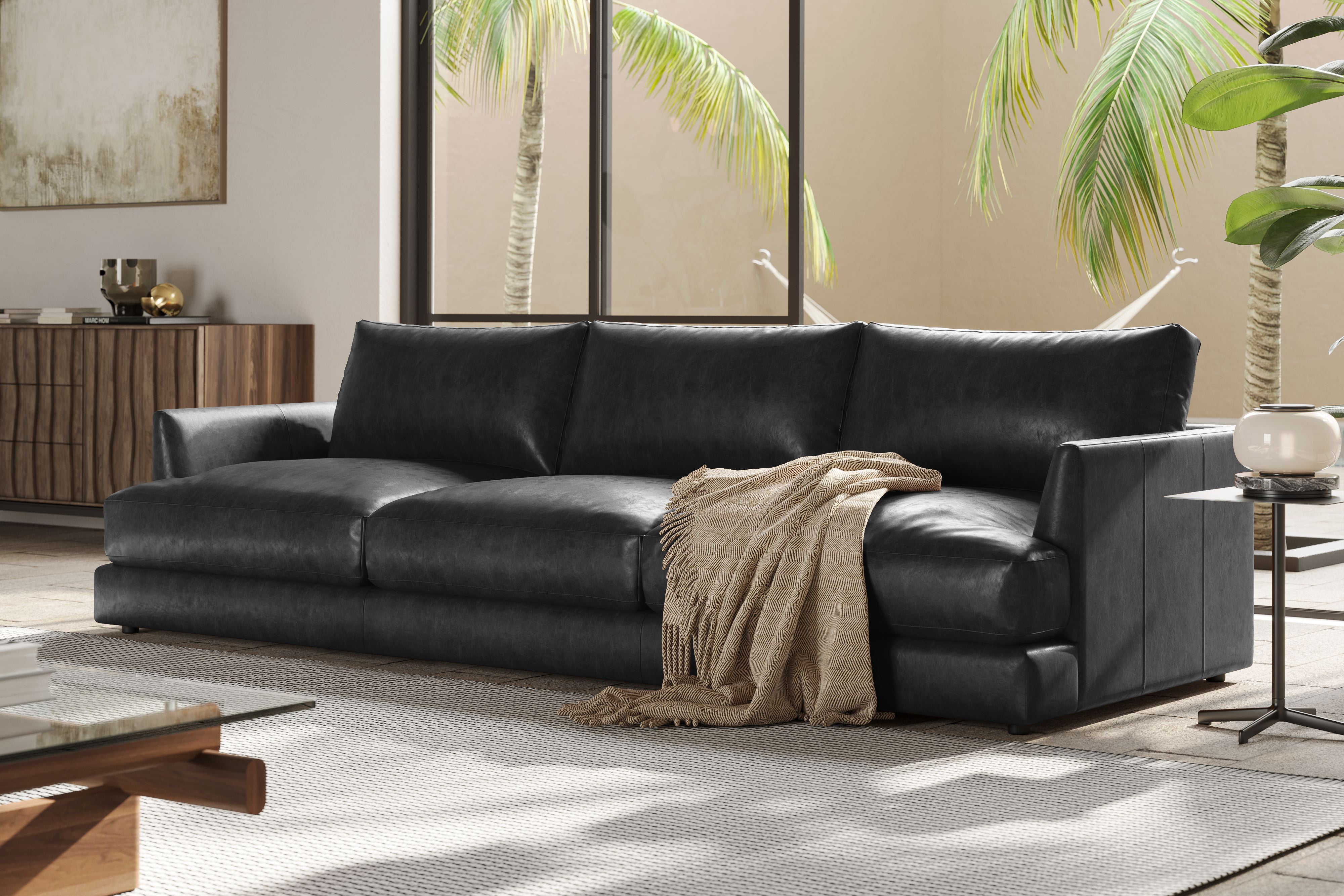 Valencia Serena Leather Three Seats Sectional Sofa, Black